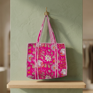 100% Cotton Hand Block Printed Quilted Traditional Indian French Country Style Storage <b>Tote</b> <b>Bags</b> Large Capacity Food Jewelry - Product Image 3