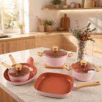 Offre Spéciale Usine : Batterie de Cuisine 8 Pièces en Céramique Rose Antiadhésive, Casseroles et Poêles en Aluminium Forgé avec Plaque Grill, Compatible Induction
