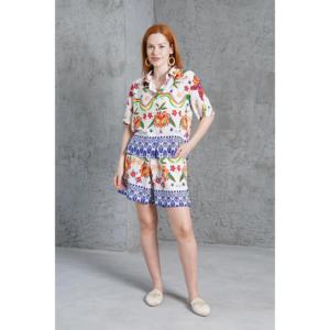 Lustrin Women's Patterned <b>Two</b>-<b>Piece</b> Set with Shorts - Stylish Beige <b>Linen</b> Look Polyester Summer Outfit for Wholesale - Product Image 3