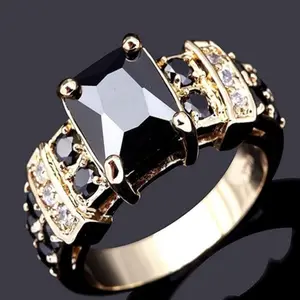 Classic Fashion Wedding Obsidian Gold Ring Gold Filled Natural Black Sapphire Gemstone Mens Engagement Finger Rings