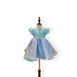Ít cô gái Ruffle tay áo trẻ em bé Tắm Bầu trời màu xanh váy bé ăn mặc 2-6 năm bé gái nàng tiên cá bên váy