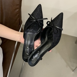Mules de Encaje con Punta en Pico para Mujer, Tacones Bajos Cómodos con Lazo, Elegantes Zapatos de Vestir para Oficina, Sandalias, Pantuflas - Product Image 4