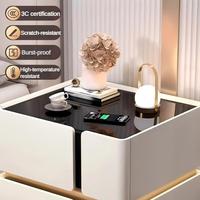 Table de chevet de luxe moderne avec chargeur sans fil, 2 tiroirs, plateau en verre écologique, cuir anti-salissure durable pour chambre à coucher