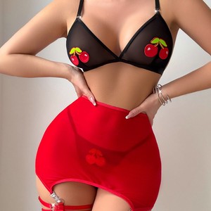 ชุดชั้นในเซ็กซี่สำหรับสาวพลัสไซส์ ลายปักเชอร์รี่ ผ้าตาข่ายซีทรู ชุดชั้นในสตรีแบบสี่ชิ้น - Product Image 4