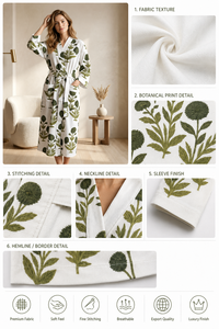 Robe de chambre longue décontractée d'été pour femme, 100% coton respirant, imprimé feuilles vertes, col chemise, ceinture, style kimono, avec poches - Product Image 5