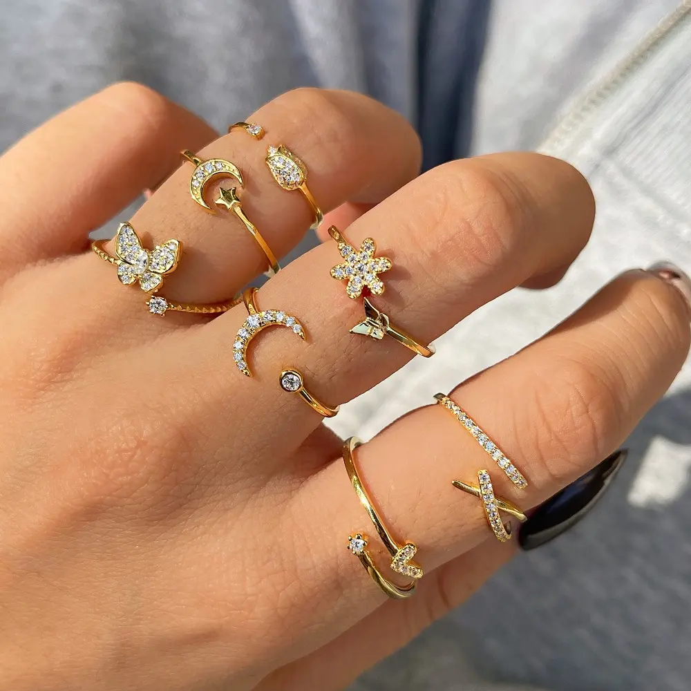 Dylam แหวนเงินแท้925สำหรับผู้หญิง,แหวนเงินผีเสื้อหัวใจดาวพระจันทร์แหวนชุบทอง18K แบบปรับได้