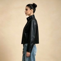 Veste en cuir pour femme en peau de chèvre grainée, design unique à col montant, coupe décontractée, pour le quotidien, la rue et les voyages