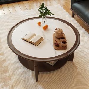 Vintage Style Round <b>Coffee</b> <b>Table</b> <b>Set</b> <b>Marble</b> Top Solid Wood Living Room Furniture With Storage Shelf For Small Apartment - Product Image 4