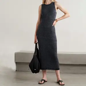 2023 Geribbelde 100% Dames Katoenen Jurk Casual Gebreide Sexy Casual Vrouwen Zomer Elegante Zwarte Midi Jurk