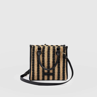 Sac à main en raphia tressé noir et beige à rayures, avec bordure en cuir, design convertible, idéal pour les femmes, les sorties shopping du week-end et les voyages en bord de mer