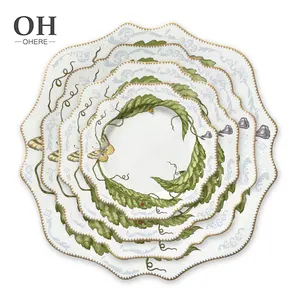 Fine Porcelain Sunflower Charger Plate Luxury Green Butterfly Dinner Set Decorative Dinnerware For Event Catering