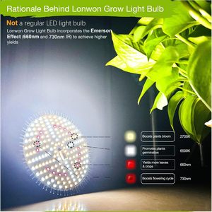 Bombilla LED de 20W para Cultivo, Luz Blanca Cálida de Espectro Completo para Floración de Plantas, E26/E27, Cuerpo de Aluminio, IP55, 3000K, Ra80, Regulable, 85-265V - Product Image 4
