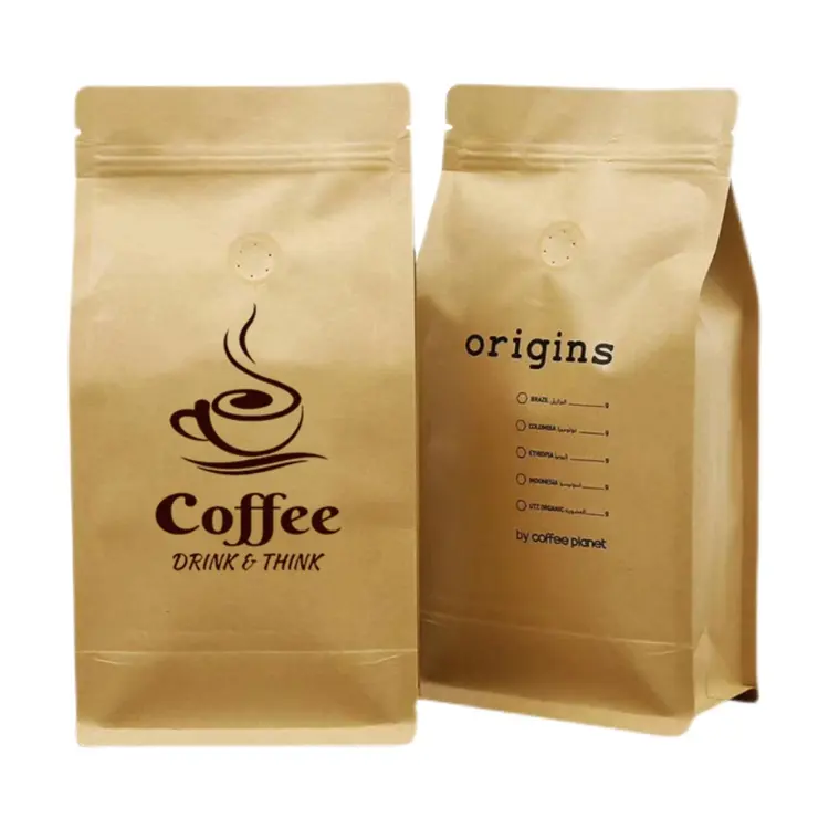 Block Bottom Side Gusseted Bag Coffee Bean Packaging Bag Aluminium Foil Eight Sided Sealed Coffee Packaging Bag with Valve