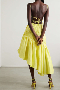 Abito lungo da donna elegante estivo con spacco aperto sul retro regolabile Slim giallo increspato asimmetrico da donna in <span class=keywords><strong>misto</strong></span> <span class=keywords><strong>lino</strong></span> - Product Image 4