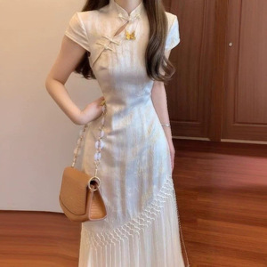 Modern Chinese Style Jacquard Cheongsam Dress With Tassel Design Fitted Waist Women Party Wear - Product Image 1