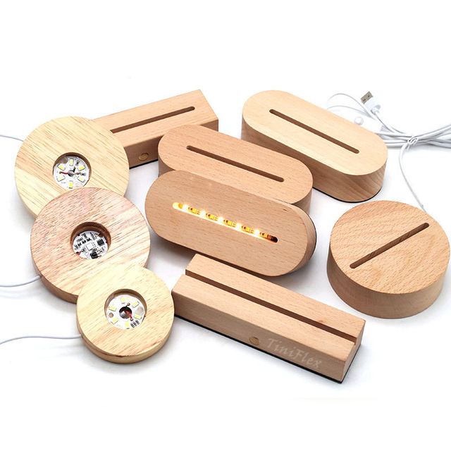 Wholesale Solid Wood LED Night Light Base Stand for 3D Acrylic Panel Display Lamp Holder with USB Power for DIY Lighting