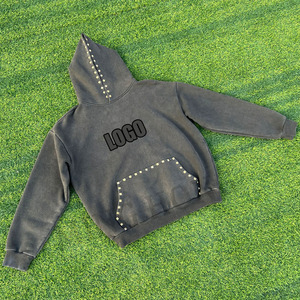 Sudadera con capucha de algodón Terry lavado de gran tamaño con tachuelas y remaches de alta calidad personalizada para hombres - Product Image 3