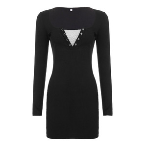 Vestido ajustado de manga larga con cuello simulado y encaje patchwork para mujer, minivestido Y2K dulce y sexy para fiesta - Product Image 6
