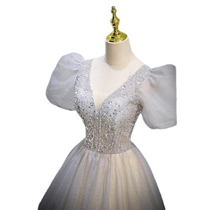 Ethereal V-Neck Ball Gown Evening Dress With Puff Sleeves Chiffon Empire Waistline For Women Spring Formal Wear - Product Image 5