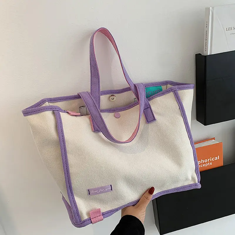2022 Women Simple shoulder bag Fashion Color Contrast Design Tote Bag Outdoor Larger capacity Canvas Handbag
