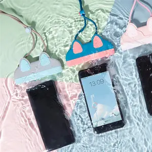 حقيبة هاتف ساخن مضادة للماء على شكل قطة كرتونية لطيفة حقيبة جافة شفافة تحت الماء مع رؤية كاملة حقيبة سباحة كبيرة للهاتف المحمول