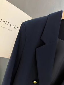 New <strong>Navy</strong> <strong>Blue</strong> High-end Casual Breathable Hand Embroidery Button Small Viscose / Polyester Double Breasted Women's <strong>Blazer</strong> - Product Image 6