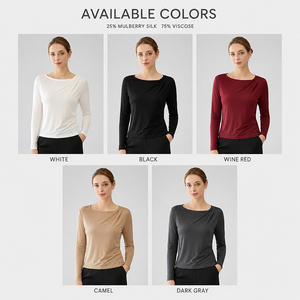 T-shirt à manches longues en soie de mûrier pour femme, col asymétrique, coupe ample, grande taille, personnalisable avec logo, doux, respirant et de qualité supérieure - Product Image 4