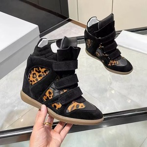 Lady Hidden Wedge Sneakers High Top Casual Shoes Black Suede Leather Upper Rubber Sole <b>Magic</b> Tape Design Warm Height Increasing - Product Image 5