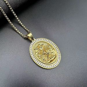 Collier pendentif religieux Hip Hop Yunnique en acier inoxydable plaqué or avec zircon, breloque ovale Jésus Saint, chaîne, cadeau, bijoux - Product Image 2
