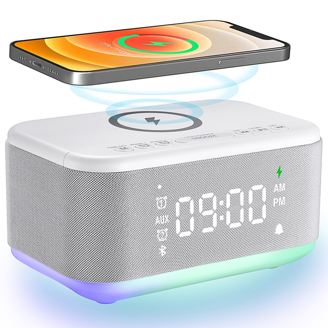KENUO 3 in 1 Home Hotel Wake up RGB Light 5W Wireless Charger Alarm Clock With Bluetooth Speaker