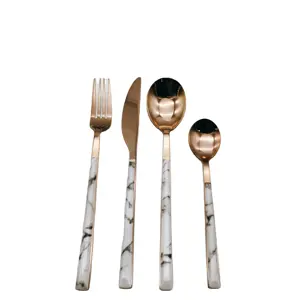 Allahome Foodsafe Thông Qua Dao Kéo Nhựa Từ BSCI Nhà Máy Đồng Flatware Rose Gold Đá Cẩm Thạch Xử Lý Nhựa Dao Kéo