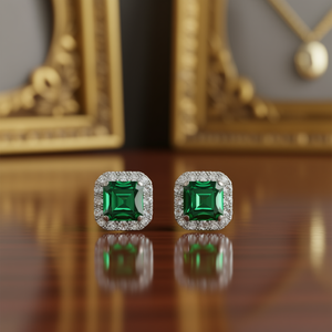 Boucles d'oreilles clous carrées classiques, zircon vert taille princesse, sertissage griffe halo, alliage de zinc, bijoux de mode pour femme, modèle E671 - Product Image 2