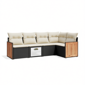 Ensemble de canapés de jardin blanc crème 6 places en rotin, mobilier d'extérieur résistant aux intempéries, design contemporain, panneau en teck - Product Image 1