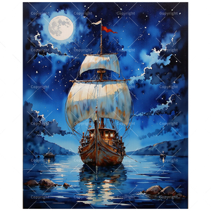 Kit de pintura por números de velero para adultos, lienzo acrílico DIY, barco sereno, cielo iluminado por la Luna, 16x20 pulgadas, regalo de arte náutico sin marco - Product Image 1