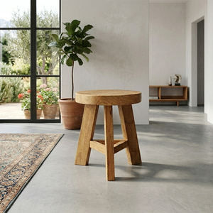 Old Teak Stool with Sustainable Reclaimed Wood and Triangle <b>Legs</b>, Natural Weathered Texture Round Stool for Home Decor - Product Image 5