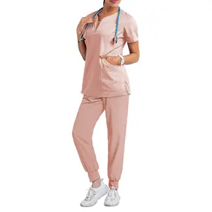 Custom Scrubs Uniforms Sets Light Color Plus Size Doctor Hospital Medical Elastic Waist Jogger Nursing Scrubs For Women