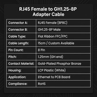 Maßgefertigtes RJ45-Buchsenstecker auf GH1.25-8P Flachbandkabel 8-polig 1,25mm Rastermaß Ethernet-Adapterkabel Vergoldet für PCB-Verbindung