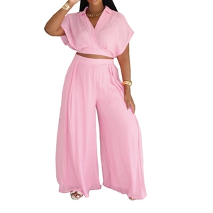 Women's Casual Vacation Style Lapel Short Top High Waisted Wide Leg <b>Pants</b> 2 Piece Set Fashion - Product Image 1