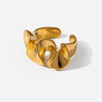 Bague sculpturale plaquée or 18 carats pour femme, en acier inoxydable, motif vague irrégulière feuille de lotus, bague ouverte épaisse