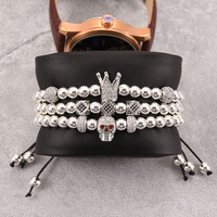 Bracelet Hip Hop 3 pièces/ensemble en or avec crâne, couronne et dés, pour homme, ensemble de bijoux tressés réglables de luxe sertis de CZ pour lui