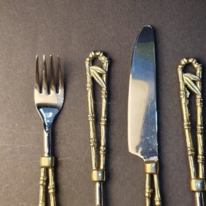Ensemble de couverts en bambou artistique, en laiton doré, manche en bambou unique, creux, en acier inoxydable, vaisselle de qualité supérieure, 5 pièces - Product Image 3