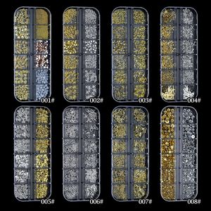 12 compartiments de décorations mixtes pour ongles : perles argentées et dorées, coquillages, mini-rivets, strass pour nail art - Product Image 4