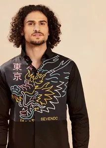 เสื้อเชิ้ตผู้ชาย YAKUZA ผ้าฝ้าย 100% สวมใส่สบาย ระบายอากาศได้ดี แห้งเร็ว ปกติดกระดุม แขนยาว รับผลิตแบบ OEM สีดำ - Product Image 3