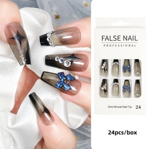 Boîte de 24 faux ongles longs à presser, style français, avec colle gelée et strass en alliage, couverture complète - Product Image 2