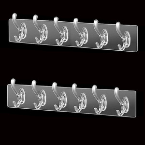 Clear Acrylic <b>Wall</b> <b>Hooks</b> With Adhesive Back 6 Hangers For Bathroom Kitchen Door Rack Self Adhesive Mounting No Drilling Required - Product Image 1