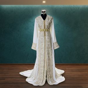 Elegant <b>White</b> Embroidered Silk Abaya V Neck Long Sleeve Floor Length Floral Pattern <b>Wedding</b> Women Middle East Loose Fit Straight - Product Image 3