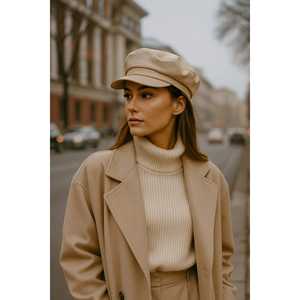 Casquette de sport élégante et moderne en cuir synthétique beige avec large bord et détails de couture - Modèle SPK1127 - Product Image 6