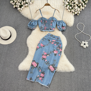 Completo da donna in denim a due pezzi, top chic con scollo all'americana e gonna a vita alta con spacco irregolare, taglie S M <span class=keywords><strong>L</strong></span> - Product Image 3