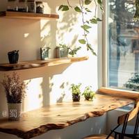 Ensemble de meubles de bar flottants en bois massif à bords naturels |   Étagère de table de bar personnalisable, moderne et minimaliste, pour usage commercial et domestique