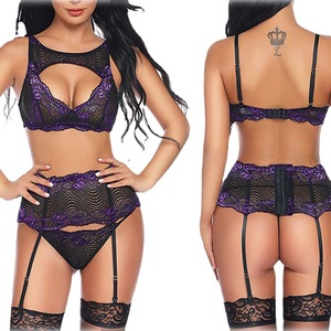 Marchandises de commerce extérieur, lingerie sexy en gros, usine de vêtements de nuit sexy, ensemble de lingerie en dentelle bicolore (trois pièces) - Product Image 5